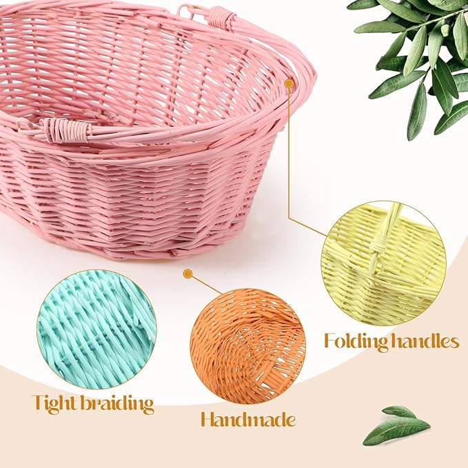 Barydat 6 Pcs Small Wicker Picnic Basket with Handle Flower Girl Baskets Oval Willow Woven Braided Gift Basket for Easter Weddings Baby Shower Home Garden Decor (Multicolor,12'' x 9'' x 5'')