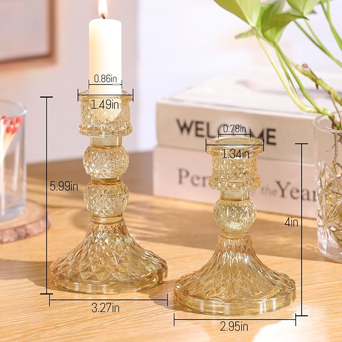 DARJEN Gold Glass Candlestick Holders Set of 6, 4" H & 5" H Taper Candle Holders for Candlesticks & Pillar Candles, Diamond Candle Holders for Wedding Party Table Centerpiece, Home Decor