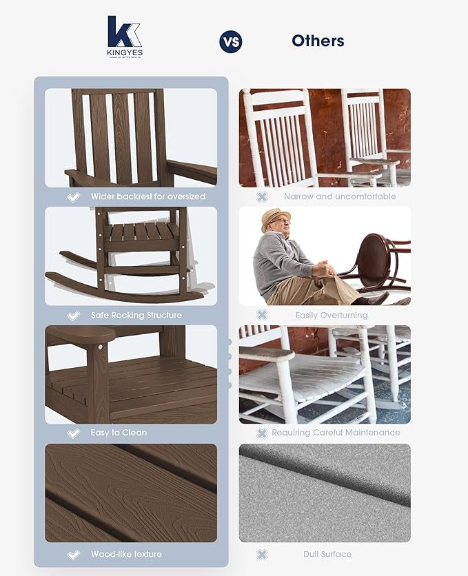 KINGYES Oversized Outdoor Rocking Chair, All-Weather Patio Rocking Chairs for Porch, HDPE Outdoor Patio Rockers with High Back & Wide Seat for Garden, Lawn, Brown
