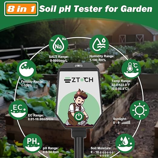 Bluetooth Soil pH EC Tester, Smart Plant pH Fertility Meter, 8 in 1 pH EC Fertility Temp Salt Moisture Light Intensity Air Humidity Monitor for Blueberry, Garden, Lawn, Raised Garden Beds