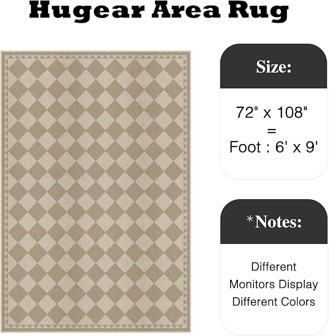 HUGEAR 6x9 Outdoor Rug Brown/Beige Linen-Look Fabric Checkered Area Rug High Traffic Stain Resistant Easy Clean Durable Rugs for Indoor/Outdoor Patio Deck Balcony Porch Garden Courtyard