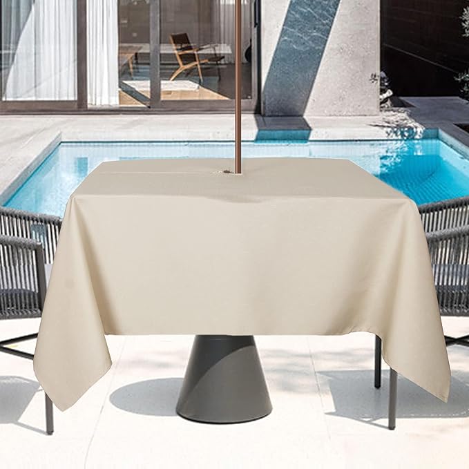 Outdoor Tablecloth Wrinkle-Free Stain Resistant Waterproof Polyester Fabric Table Cover with Zipper Umbrella Hole for Picnic/Party/Dinner/Patio Garden(60×60inch Square,Zippered,Nature)