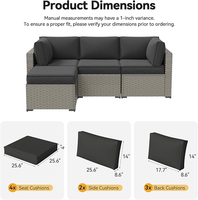 Aoxun Replacement Cushions for Outdoor Furniture, 9-Piece Outdoor Cushions for Patio Furniture, Deep Seat, Splash-Proof & Fade Resistant Couch Cushion for 4-Seat Patio Conversation Sets, Dark Grey