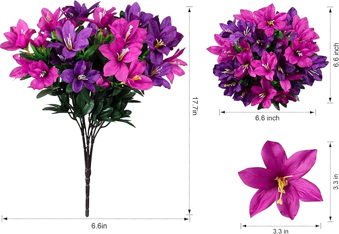 INSPRING Artificial Fake Flowers for Outdoors Spring Summer Decoration, 3 Bundles Realistic Outdoor Faux Azalea Plants UV Resistant Silk Flowers for Outside Planter Patio Porch Garden Yard Home Decor