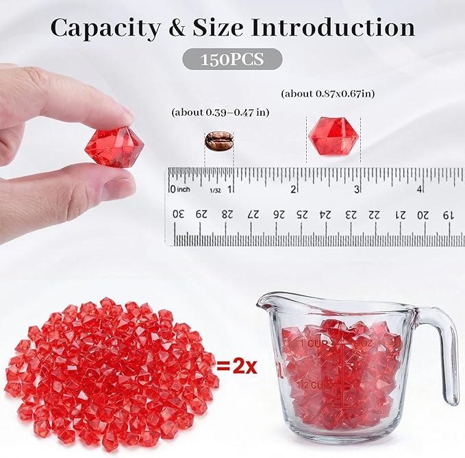 DomeStar Red Fake Ice Rocks, 150PCS Acrylic Gems Crystals Plastic Diamonds Centerpiece for Vase Fillers Wedding Party Table Scatter Valentine s Day Decorations