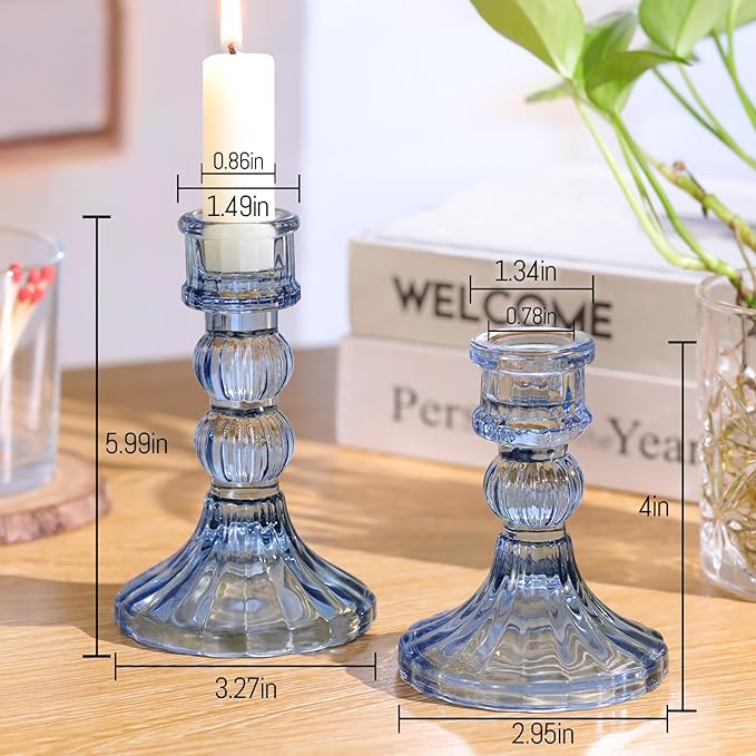 DARJEN 6Pcs Blue Candlestick Holders Set - 4" H & 5" H Striped Taper Candle Holders Bulk, Glass Candle Holders for Wedding, Festival, Party, Table Centerpiece, Gifts
