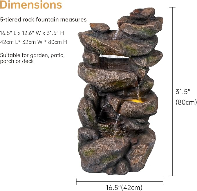 Ferrisland 31.5” Outdoor Rock Waterfall Fountain – 5-Tier Rustic Cascading Water Feature with LED Lights | Relaxing Flow & Ambient Glow for Garden, Patio, Yard | Stylish Home Decor Idea