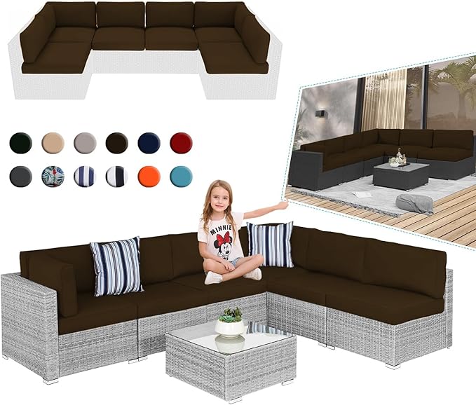 Outdoor Sectional Cushions, 4" Foam High-Density, Water-Resistant Couch Cushions Replacement Set, 14 Piece Patio Sectional Cushion for 6-Seat Sectional Patio Conversation Sets (Coffee Color)