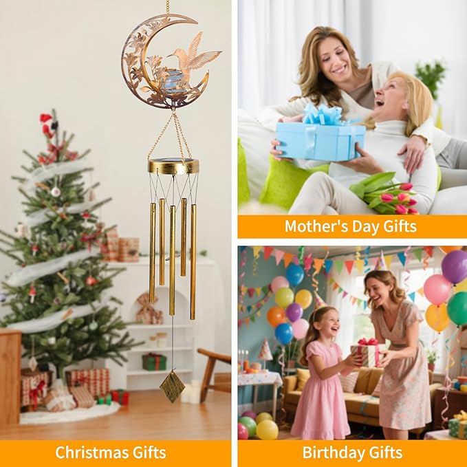 Hummningbird Solar Outdoor Wind Chimes - Unique Moon Hummingbird Design, for Mothers, Grandmothers, Sisters, Friends and Girls on Birthdays, Christmas, Thanksgiving and Mother's Day
