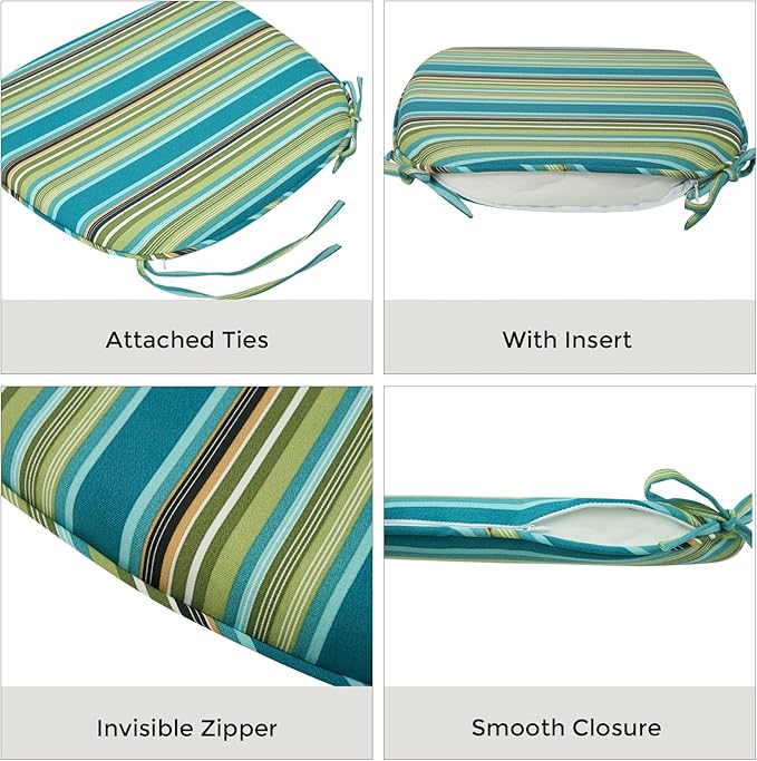 Outdoor Chair Cushions Set of 2,Patio Seat Cushion 17"x16"x2",U-Shaped Dining Chair Cushion 17 by 16 Inch,Water Resistant,Fade-Resistant Chair Pads for Kitchen Garden Furniture(Green Stripe)