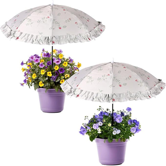 2pcs Mini Adjustable Floral Plant Umbrellas, Lace Garden Sun Shade with Metal Poles & H-Shaped Stakes Outdoor Parasols for Potted Plants Flowers Fruits Vegetables