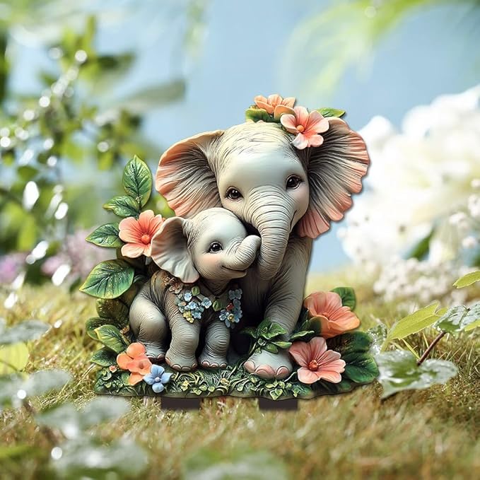 Garden Stake Decor, Acrylic 2D Flat Animal Statue, Fairy Sculptures Ornament Indoor Outdoor Yard Lawn Pot Plant Decorative Accessories (Small Elephant)