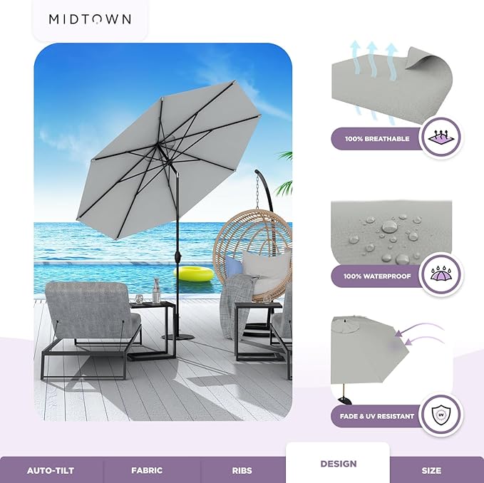 Midtown Umbrellas - 10-Year-No-Fade 10 Ft Patio Umbrella with Terylast Fabric, Auto-Tilt Aluminum Frame and 8 Reinforced Ribs for Deck, Pool, Garden & Beach - Matter Grey Canopy, Black Pole
