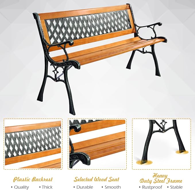 S AFSTAR Garden Bench, Pine Park Bench Porch Bench with Diamond Weaving Backrest, 470 LBS Bearing Capacity, Weatherproof Outdoor Wood Bench for Backyard Deck Lawn Poolside