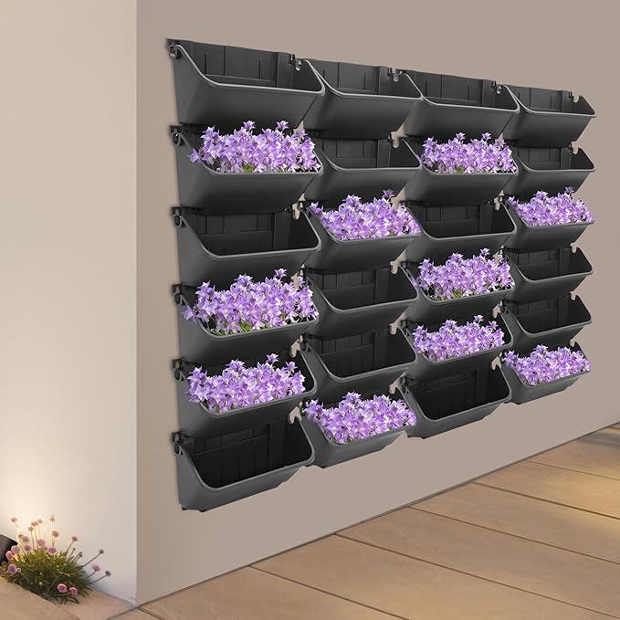 Eapmic Vertical Wall Planter with 24 Pots, Hanging Garden Plant Flowerpot Holder, Stackable Wall-Mounted Planter, Balcony Planters for Flowers Vegetables Fruits (Black, 24 Pots)