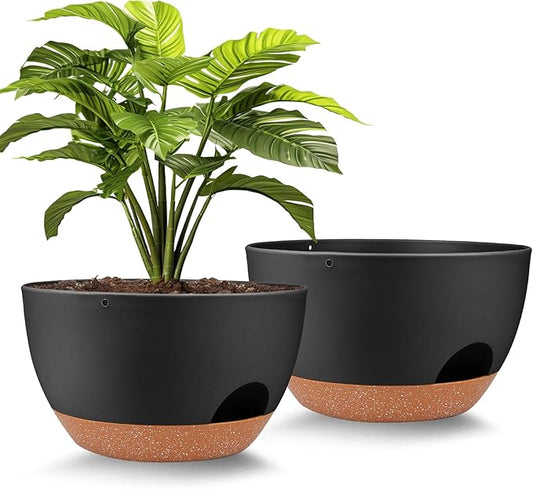 Plant Pots 12inch Self Watering Pots, Set of 2 Plastic Planters with Drainage Holes and Saucers, Flower Pots for Indoor Outdoor Plants (Black)
