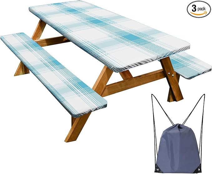 Picnic Table Cover with Bench Covers Set of 3 - Fresh Spring Check Light Blue Gingham Tablecloth, Elastic Fitted for 6 Ft Tables, Washable Polyester Cover for Patio, Indoor & Outdoor