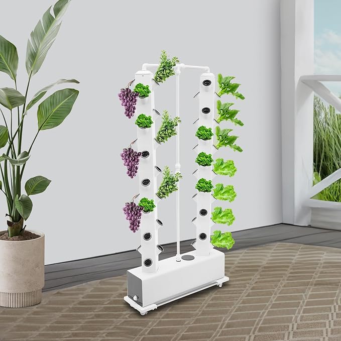 Hydroponic Growing System, 56-Plant Hydroponic Tower Outdoor Indoor Garden Vertical Planter Germination Kit with Water Pump, Intelligent Water Circulation & Timer Function for Gardening Lover (White)