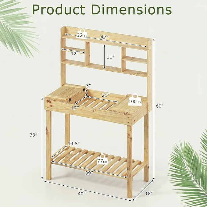 Giantex Potting Bench, Outside Solid Wood Potting Table with Flip-up Tabletop, Shelves, Indoor Outdoor Wooden Workbench for Patio Porch Balcony, Potted Plant Display Rack, 42"x18"x60", Natural