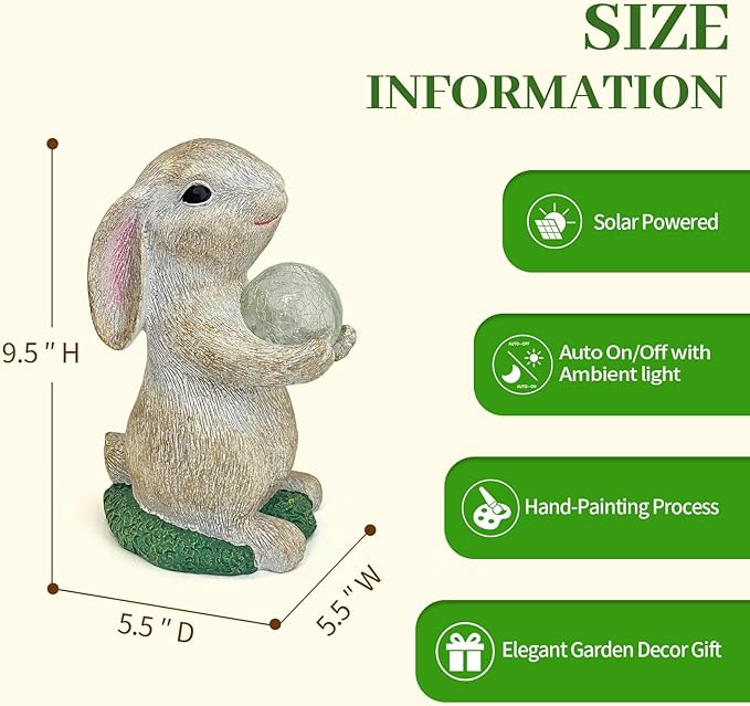 Solar Garden Statue Rabbit Outdoor Decor, Bunny Figurines with Solar Lights, Yard Decorations for Patio Balcony Yard Lawn Ornament - Unique Birthday Easter Housewarming Gifts for Women, Mom, Grandma