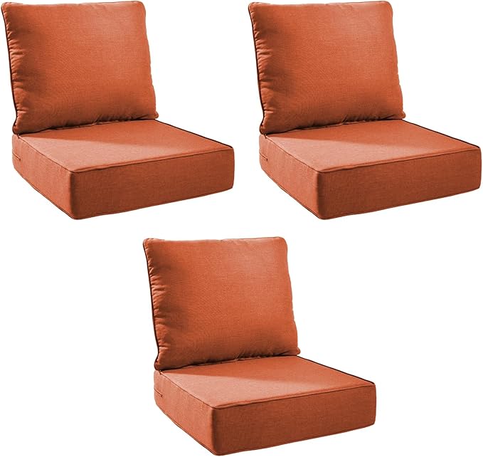 Outdoor Cushion Set for Furniture Patio Furniture, UV Resistant, Water Resistant - 6 Inch Thick Foam Garden Cushions– 24x24 Inch Patio Seat Covers for Chair/Sofa/Couch | Orange | 3-Pack |