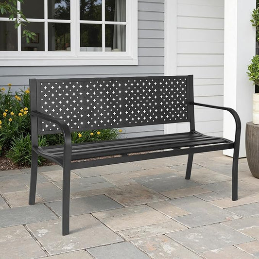 BODIOO Patio Metal Garden Bench Outdoor Park Benches, Iron Steel Frame Chair Mesh Pattern 500 lbs - Park Yard Front Porch Bench Path Yard Outside Lawn Decor Deck Furniture, Black