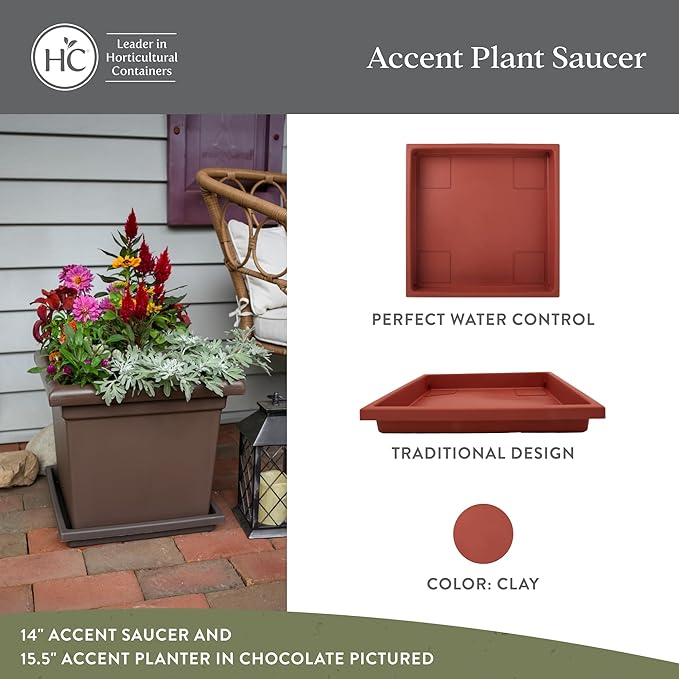 The HC Companies 14 Inch Accent Square Plant Saucer, Lightweight UV-Resistant Plastic Outdoor & Indoor Flower Pot Tray, 2-Pack Plant Pot Trays for Garden & Home Decor, Clay
