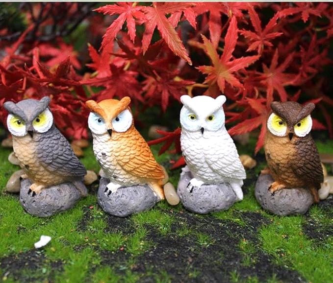 Mini Owl Figurines, Set of 4, Garden Decor Miniatures, Fairy Garden Accessories, Small Owls