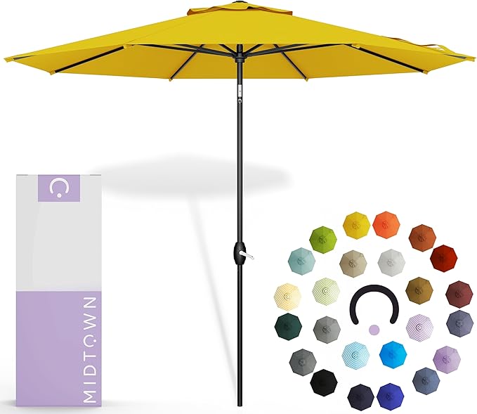 Midtown Umbrellas - 10-Year-No-Fade 6 Ft Patio Umbrella with Terylast Fabric, Auto-Tilt Aluminum Frame and 8 Reinforced Ribs for Deck, Pool, Garden & Beach - Sunflower Yellow Canopy, Black Pole
