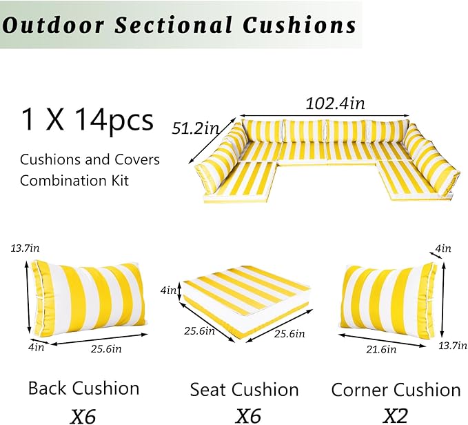Outdoor Sectional Cushions Replacement Set, 26x26in Patio Furniture Cushions, 14 Pieces Waterproof Outdoor Couch Cushion for 6 Seat Wicker Conversation (Yellow and White Stripes)
