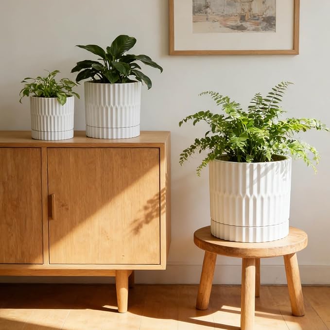 HASENSE Ceramic Plant Pots, 3-Pack (8/6/4.6 inch) Indoor Flower Planters with Vertical Ribbed Design, Drainage Holes & Saucers, Medium Cylinder Pots for Outdoor Plants, Modern White