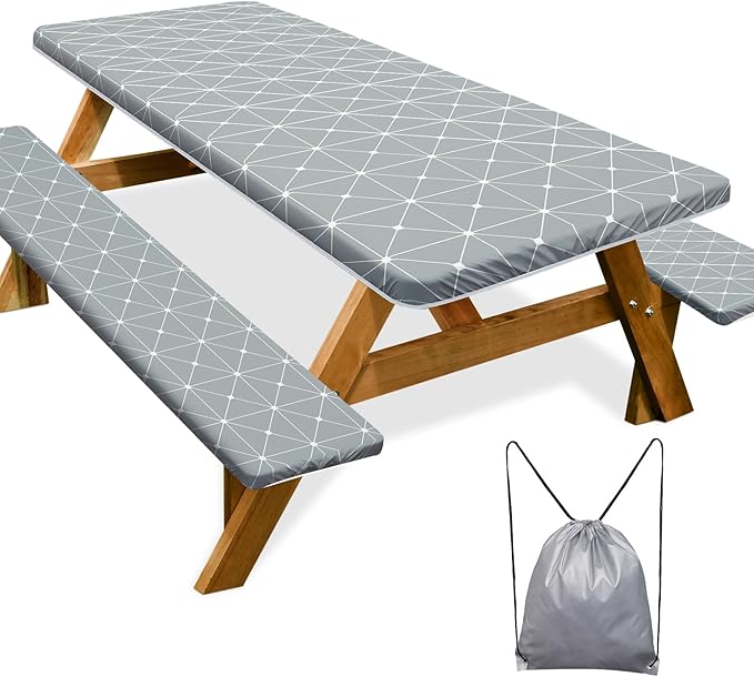 Picnic Table Cover with Bench Covers 6FT 3 Pcs Waterproof Windproof Aesthetic Camping Tablecloth with Drawstring Bag, Fitted for 6 Foot Rectangle Tables and Seats, 72 inch, Grey