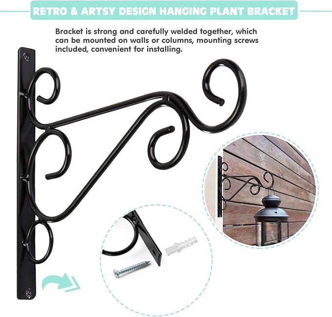 Fashion&cool Hanging Plant Brackets, Pack of 2 10 inch Iron Wall Mount Plant Hanging Hooks Metal Wall Brackets Hangers for Indoor Outdoor Planter Bird Feeder Lanterns Wind Chimes with Screws