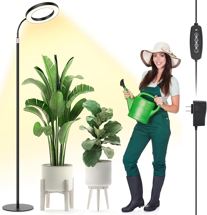 LBW Floor Grow Light with Stand for Large & Tall Indoor Plants, Full Spectrum Floor Plant Light, Auto On/Off Timer 6/8/12/16H, 5-Level Dimmable, 3 Lighting Modes, Adjustable Height up to 68''