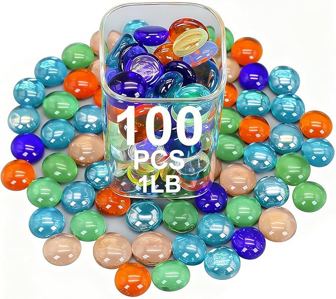 Mini Glass Gems for Vase,Mixed Colour Glass Stones Flat Bottom Marble Beads for Aquarium Fish Tank Planter Crafts Home Decorative Art Craft Vase Filler (Mixed, 1 Pound)