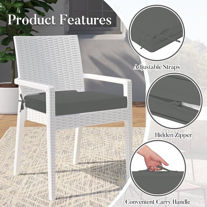 Basic Beyond Outdoor Chair Cushions for Patio Furniture, Waterproof Outdoor Seat Cushions Set of 4 19 x 19, Patio Chair Cushions Set of 4 with Ties and Handle, Dark Grey