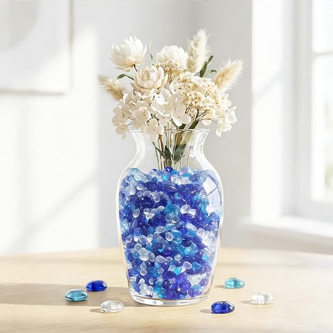 Sea Glass Stones - Blue Mixed Clear Glass Pebbles Gemstones - Perfect for Aquarium Rocks, Fish Tank Gravel, Vase Fillers, DIY Crafts, and Home Decor (0.9LB/14oz)