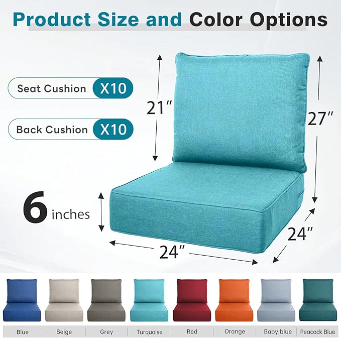 Belord Luxury 6" Thick Outdoor Cushion Set - 24 x24 Inch 28D Sponge Filling Fade-Resistant Chair Cushion, Spill Proof Removable Patio Furniture Replacement Cushion for Sofa Bench Swing - Turquoise