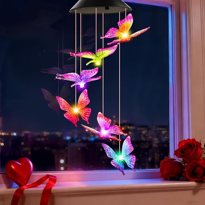 Easter Basket Stuffers Gifts for Her Mom Grandma, Birthday Gardening Gifts for Women, Winzwon Solar Lights Outdoor Wind Chimes for Garden Yard Patio Porch Decor Hanging Butterfly Decorations
