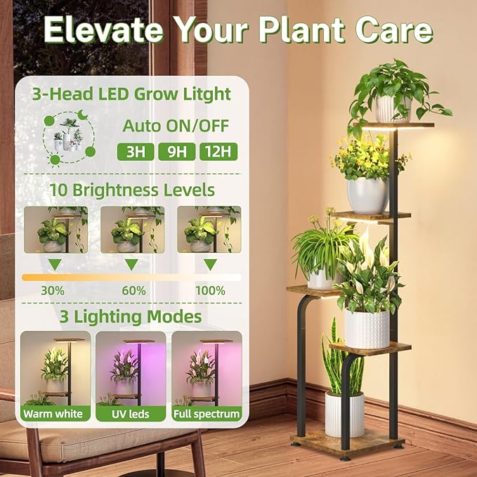 iDavosic.ly Tall Plant Stand Indoor with Grow Light, 4 Tier Corner Multiple Flower Holder Shelf with Wooden Trays, Space Saving Display Rack for Living Room Balcony Patio Porch | Black & Brown