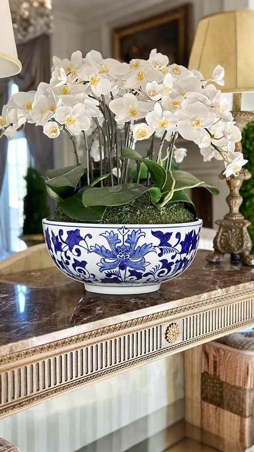 Hollyone Blue and White Vase Porcelain Planters 9 Inch Garden Bowl Modern Ceramic Pots Classic Chinese Floral Vase for Indoor Outdoor Succulents Bonsai Fairy Gardens Herbs