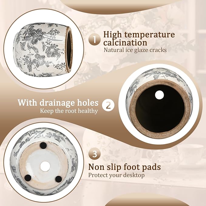 Vintage Ceramic Flower Pot with Ice Crackle Rustic Planter with Drainage Holes for Indoor and Outdoor Decor Home Living Room Garden Decor Gardening Gift (Rustic Grey Style)