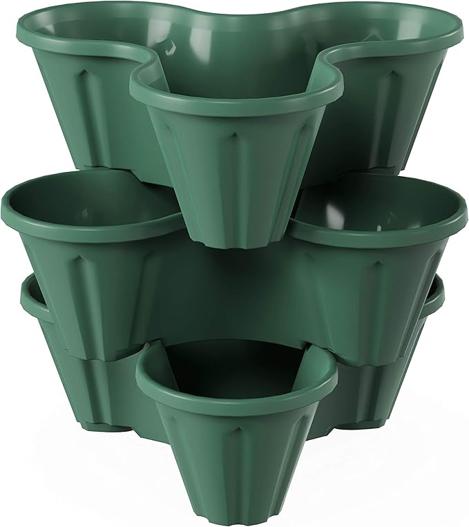 Set of 3 Stacking Planter Tower - 3-Tier Space Saving Flower Pots - Indoor/Outdoor Vertical Herb and Vegetable Planter by Pure Garden (Hunter Green)