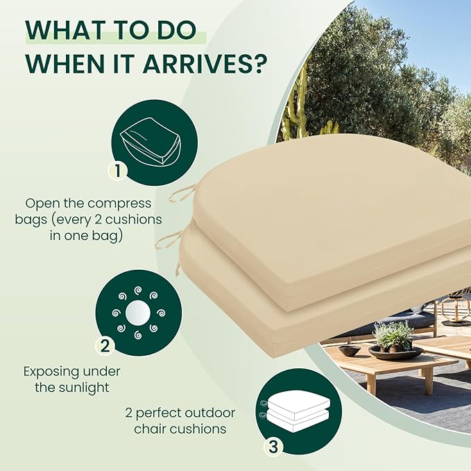 HARBOREST Outdoor Chair Cushions Set of 2, Water Resistant Patio Chair Cushions with Ties, Outdoor Seat Cushions for Patio Furniture, 17"x16"x2", Beige