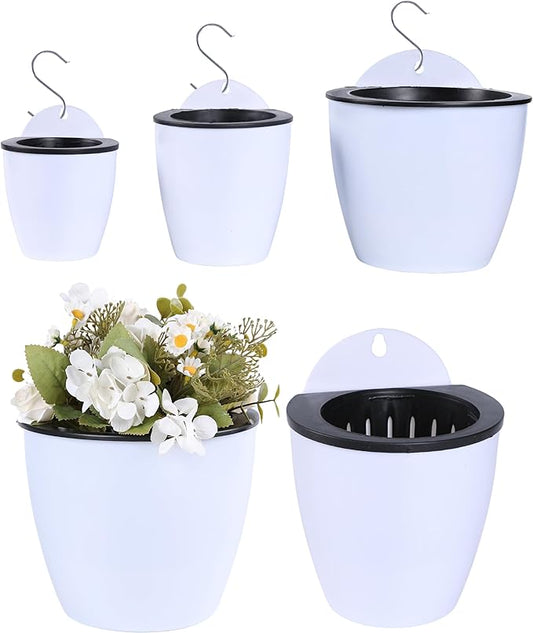 Self Watering Wall Mounted Planters | Set of 3 White Indoor/Outdoor Hanging Planter with Double Layer Design & Flat Backed for Mounting | Effortless Plant Care & Stylish Wall Pots.