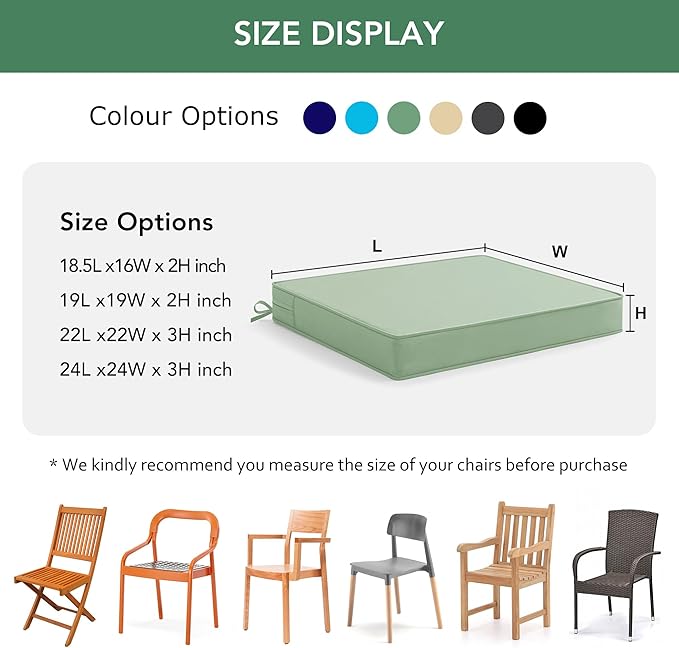 Outdoor Chair Cushions Set of 4: Waterproof & Fade Resistant Deep Seat Cushion for Patio Furniture - 24 x 24 Inch Chair Pad with Ties and Hidden Zipper - Patio Chair Cushion Replacement, Sage Green