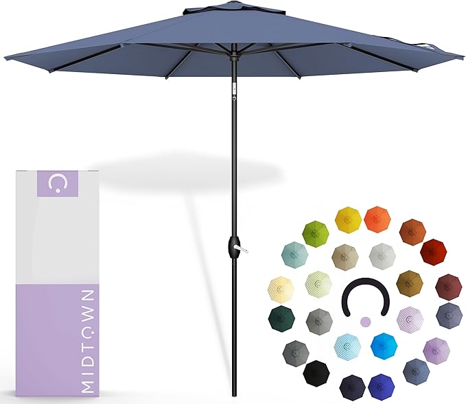 Midtown Umbrellas - 10-Year-No-Fade 6 Ft Patio Umbrella with Terylast Fabric, Auto-Tilt Aluminum Frame and 8 Reinforced Ribs for Deck, Pool, Garden & Beach - Pale Navy Canopy, Black Pole