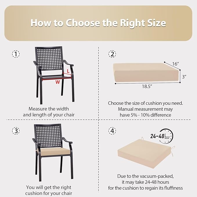 Outdoor Chair Cushions Set of 2, 18.5 x 16 Inch Patio Chair Cushions for Outdoor Furniture, Water Resistant, Non-Slip Ties (Beige)