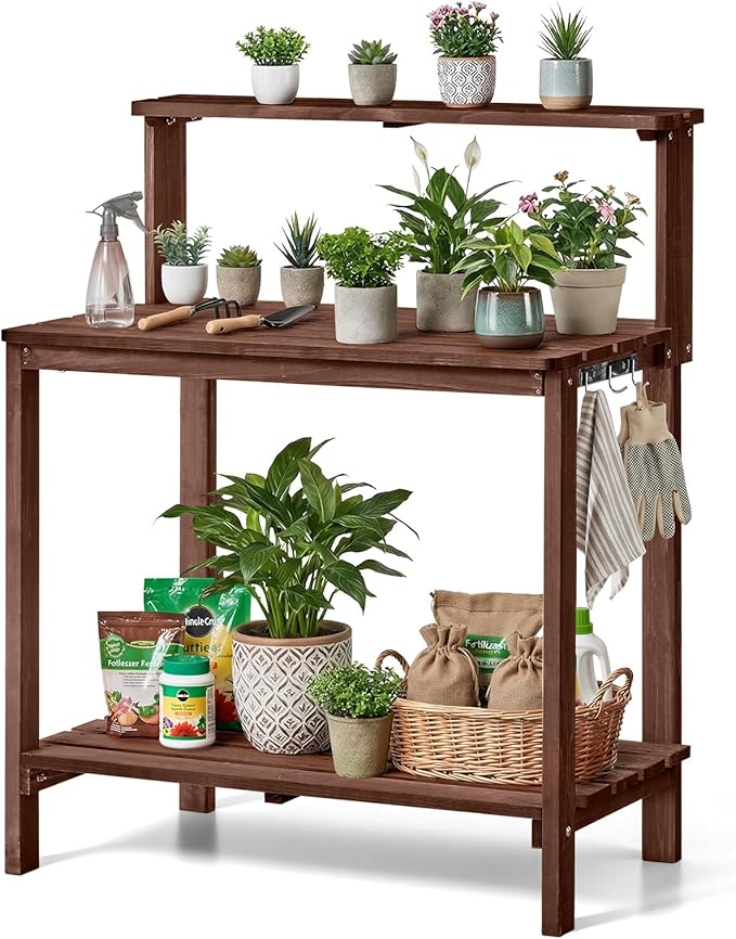 VEVOR Potting Bench Table, Outdoor Gardening Workstation with 36 x 20 in Wood Tabletop, Garden Planting Work Station with Storage Shelves, Hook for Outside Patio, Backyard, Brown