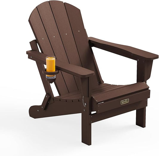 SERWALL Folding Adirondack Chair with Cup Holder for Outdoor, All-Weather Patio Chairs with Wood Texture, Fire Pit Chairs for Deck Porch Garden (Folding Coffee)